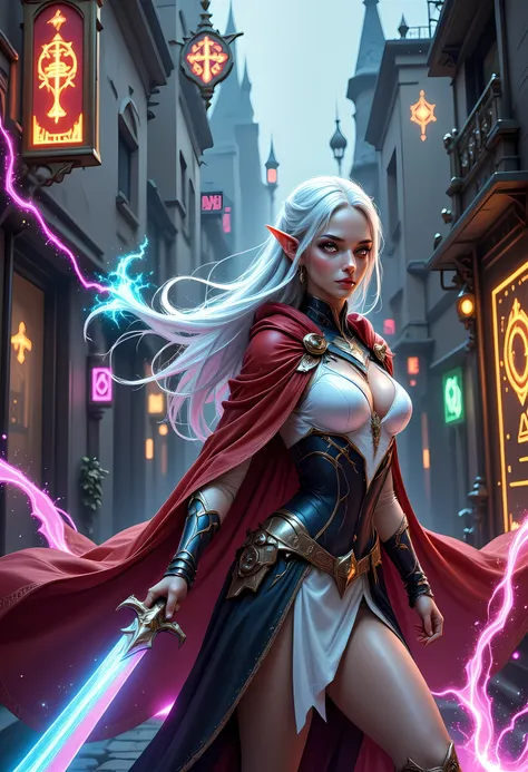 a picture of a female elf (intense details, Masterpiece, best quality) fantasy swashbuckler, fantasy fencer, armed with a slim sword, shinning sword, metallic shine, colorful clothes, dynamic clothing, an ultra wide shot, full body (intense details, Master...