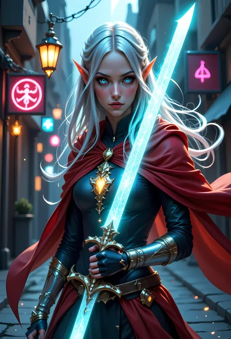 a picture of a female elf (intense details, Masterpiece, best quality) fantasy swashbuckler, fantasy fencer, armed with a slim sword, shinning sword, metallic shine, colorful clothes, dynamic clothing, an ultra wide shot, full body (intense details, Master...