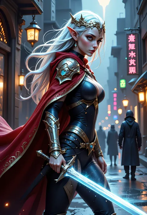 a picture of a female elf (intense details, Masterpiece, best quality) fantasy swashbuckler, fantasy fencer, armed with a slim sword, shinning sword, metallic shine, colorful clothes, dynamic clothing, an ultra wide shot, full body (intense details, Master...