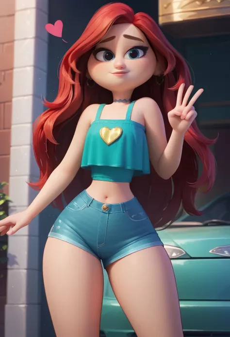 Chelsea, 1 girl, standing alone, jewerly, long hair, Red hair, aretes, ssmile, heart sign with fingers, looking ahead at viewer, eyes black, green regatta, tight denim shorts, ((whole body)), bare thighs, curves, nice legs, front, pose, best qualityer, no ...