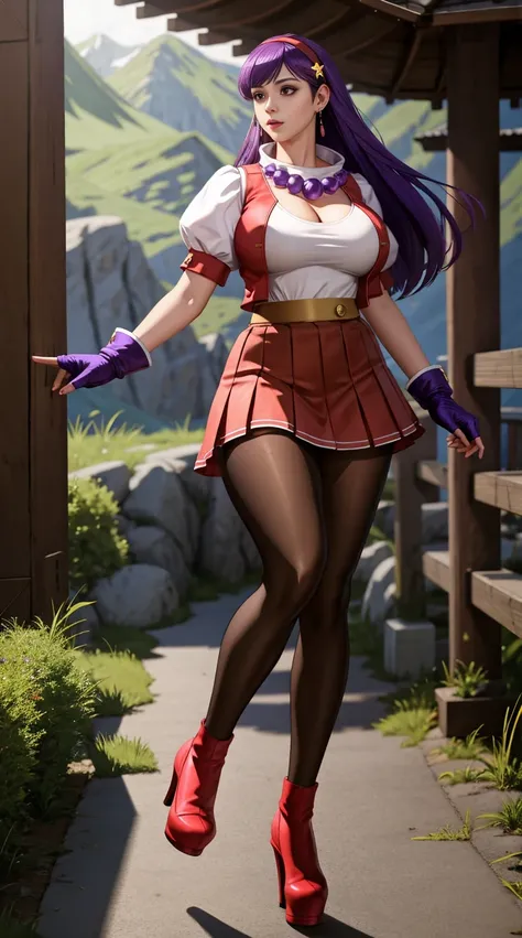 asamiya_white_top_ownwaifu,hairband,long hair,purple hair,gloves,fingerless gloves,purple eyes,red hairband,jewelry,star (symbol),hair ornament,pantyhose,skirt ,star hair ornament,huge breasts, hanging breasts,earrings,vest,short sleeves,necklace, neckline...