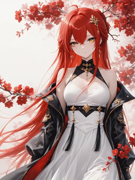 1 woman , golden eyes , very long hair , long sidelocks, red hair ,half updo, petite , very cute , beautiful ,Straight hair, cool, handsome, hair between eyes, sexy, medium large breast, low eyes, ,changli, ahoge, bare_shoulders, black_collar, black_jacket...