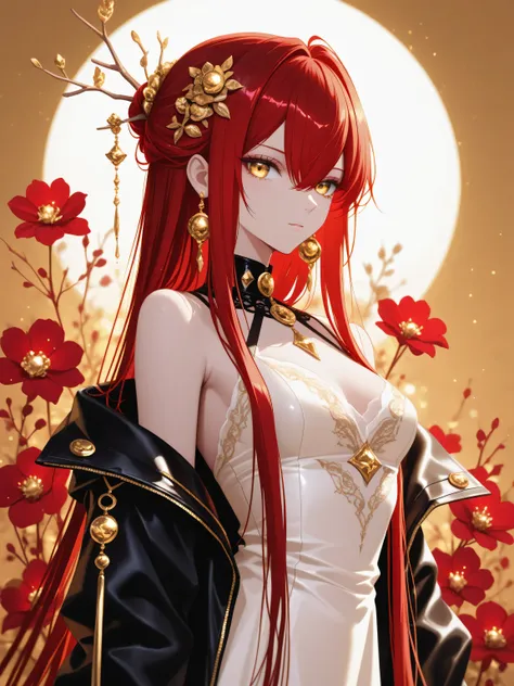 1 woman , golden eyes , very long hair , long sidelocks, red hair ,half updo, petite , very cute , beautiful ,Straight hair, cool, handsome, hair between eyes, sexy, medium large breast, low eyes, ,changli, ahoge, bare_shoulders, black_collar, black_jacket...