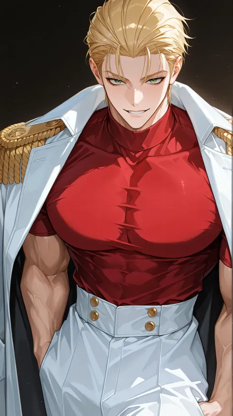 One male , handsome , heavily muscular , bulky body , broad chest , thick arms , short hair , blonde hair , slicked-back hairstyle , keen eyes , green eyes , intense eyes , dark circles under the eyes , playful smile , playful face , red turtleneck shirt ,...