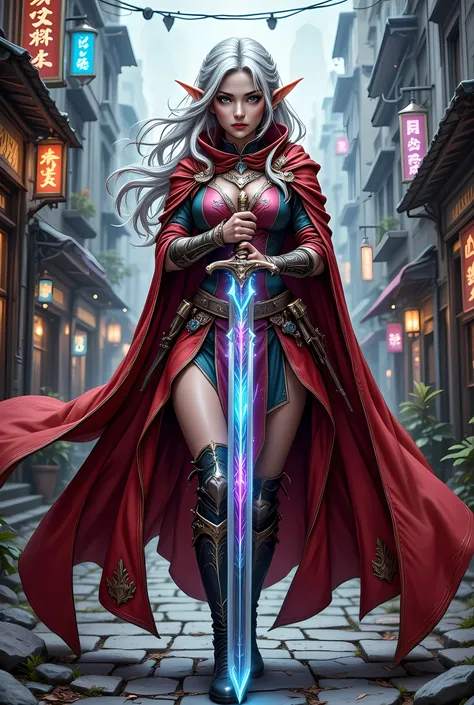 a picture of a female elf (intense details, Masterpiece, best quality) fantasy swashbuckler, fantasy fencer, armed with a slim sword, shinning sword, metallic shine, colorful clothes, dynamic clothing, an ultra wide shot, full body (intense details, Master...
