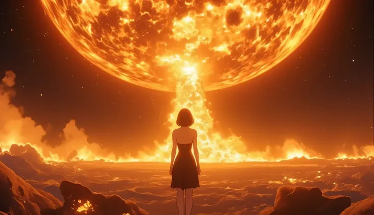 1 busty girl standing on the surface of the sun. watching a huge solar tornado. focuses on solar tornadoes . a close-up of a solar tornado . polar vortex . on the ground , there is a solar flare , Solar Picures , Prominence of the Sun , solar pl...