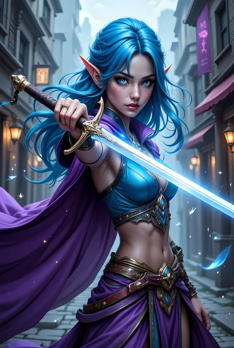 a picture of a female elf (intense details, Masterpiece, best quality) fantasy swashbuckler, fantasy fencer, armed with a slim sword, shinning sword, metallic shine, colorful clothes, dynamic clothing, an ultra wide shot, full body (intense details, Master...