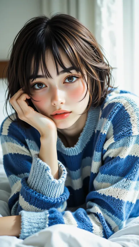 8k, Masterpiece, Top Quality, medium close-up, slightly high angle, woman, short dark brown bob haircut with side-swept bangs, light blue eyes, gentle gaze looking at viewer, wearing blue and light blue striped long-sleeved sweater, lying on a white bed with one hand supporting her head, soft natural indoor lighting from window.

