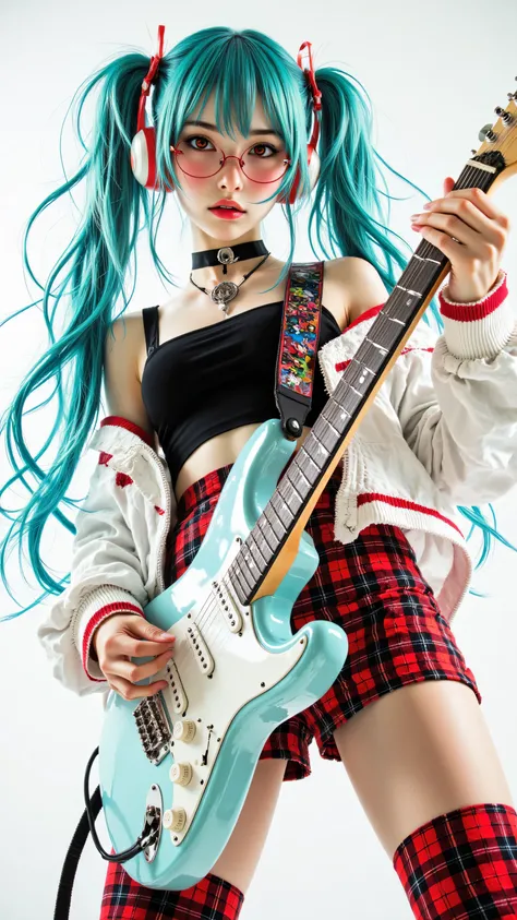 8k, Masterpiece, Top Quality, dynamic low angle shot, foreshortening, woman, very long turquoise pigtails, red eyes, red-framed glasses, choker necklace, stylized outfit, white open jacket, red trim, off-shoulder, black top, red and black plaid short skirt...