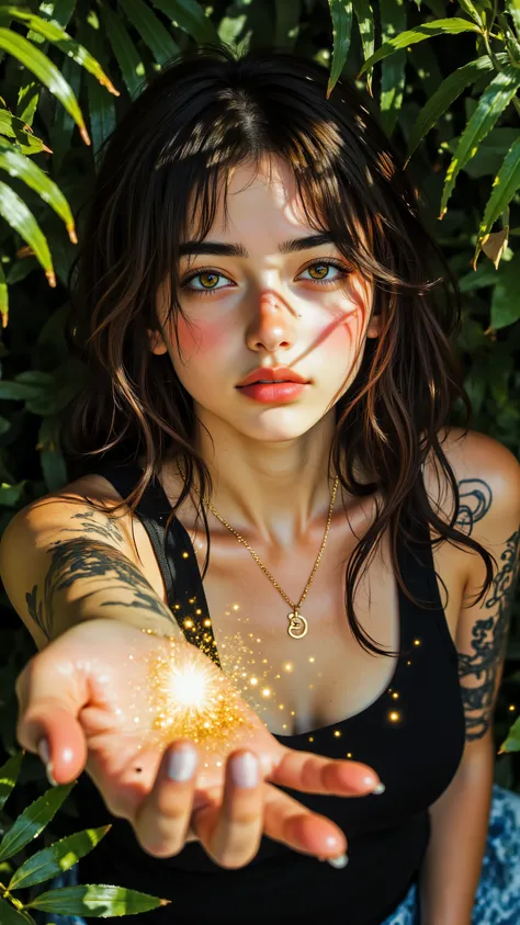 8k, Masterpiece, Top Quality, high-angle shot, woman, looking up at viewer, long wavy brown hair, prominent light-colored eyes, nose ring, septum piercing, nostril piercing, arm tattoos, black sleeveless top, gold necklace, gold earrings, silver ring, exte...