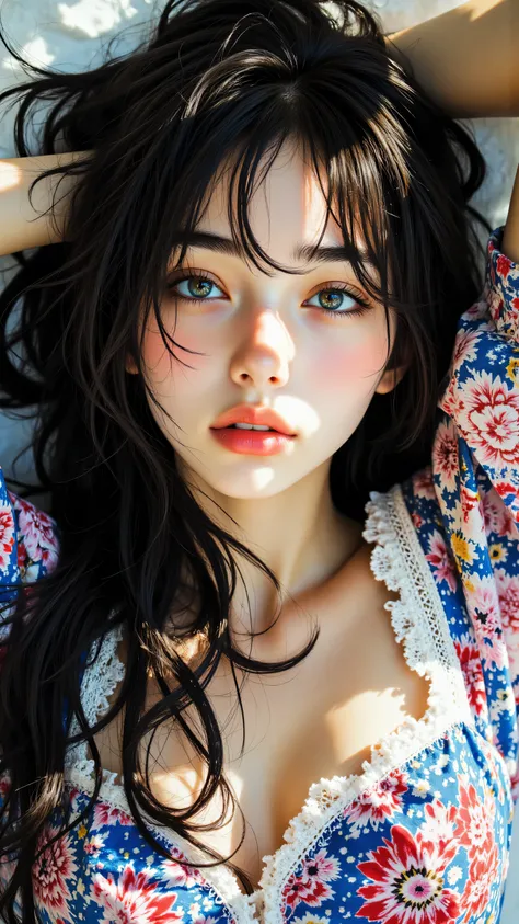 8k, Masterpiece, Top Quality, direct overhead shot of face, woman, lying down, looking up at viewer, long dark hair, sparkling particles in hair (blues, reds, whites), blue eyes, long eyelashes, rosy cheeks, colorful patterned dress, pointillist pattern, v...