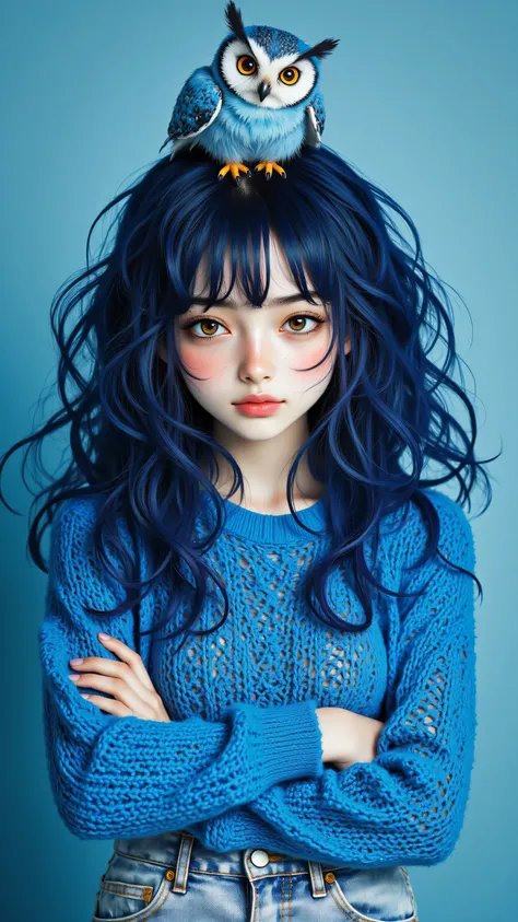 8k, Masterpiece, Top Quality, medium shot, slightly angled view, stylized female figure, long voluminous curly blue hair, round amber eyes, freckles, gentle smile, cute blue owl perched on head, orange eyes (owl), fuzzy blue knit sweater, light blue jeans,...