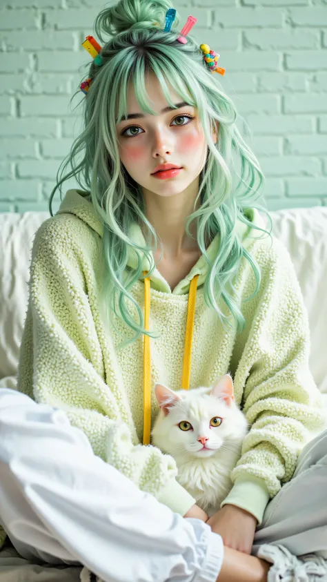 8k, Masterpiece, Top Quality, medium shot, frontal view, slightly low angle looking up, stylized female figure, wavy voluminous mint green hair, hair bun, colorful hair clips, green eyes, rosy cheeks, gentle smile, looking upwards and to the side, fuzzy li...