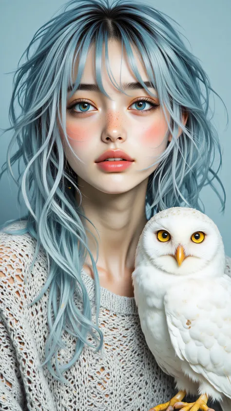 8k, Masterpiece, Top Quality, medium close-up, frontal view, stylized female figure, messy textured light blue hair, golden sparkles in hair, round bright blue eyes, freckles, gentle smile, light grey knit sweater, cable knit pattern, white owl perched on ...