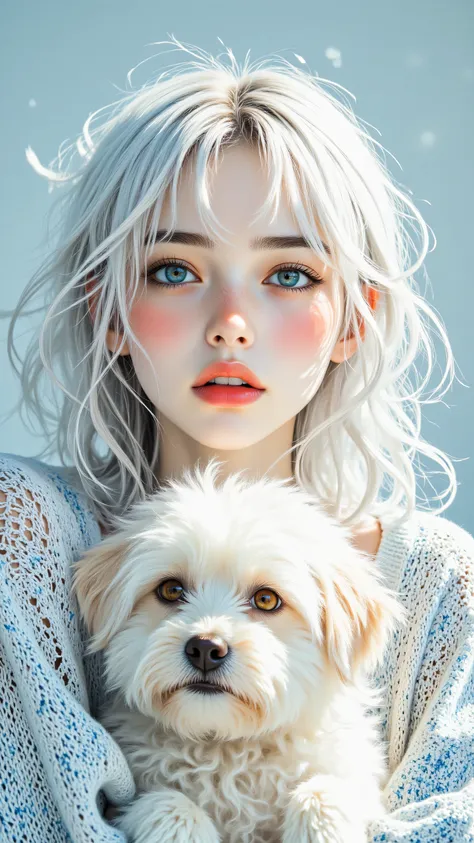 8k, Masterpiece, Top Quality, medium close-up, frontal view, stylized female figure, windblown white hair, static hair effect, round bright blue eyes, surprised expression, slightly open mouth, light blue knit sweater, holding fluffy white dog, round amber...