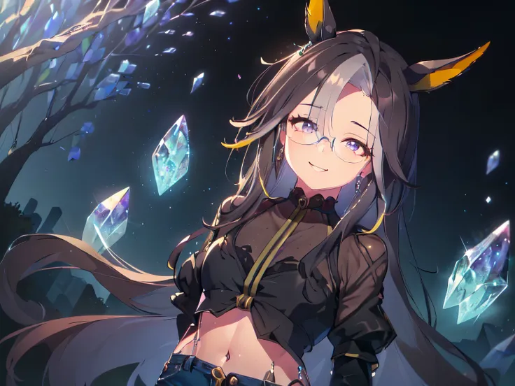 (Theme of the work is "Taken with iPhone"), (Real snapshot, taken with smartphone: 2), (Solo, alone, girl, horse ears, slashing dimensions with a hand blade, fake glasses, black hair, super long hair, hair covering ears, intense smile, exposed navel, wild ...