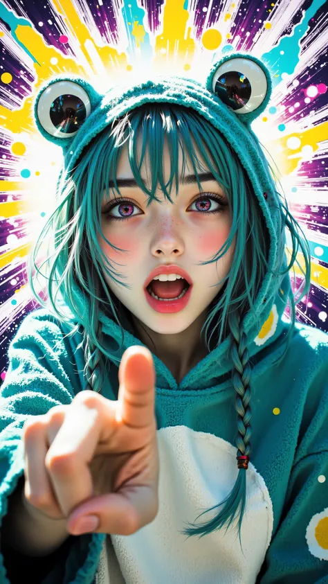 8k, Masterpiece, Top Quality, dynamic low angle shot, foreshortening, woman, turquoise hair, teal hair, side braids, bright pink eyes, magenta eyes, energetic playful expression, wide smile, small fangs, sharp teeth, wearing teal frog kigurumi, frog hood w...