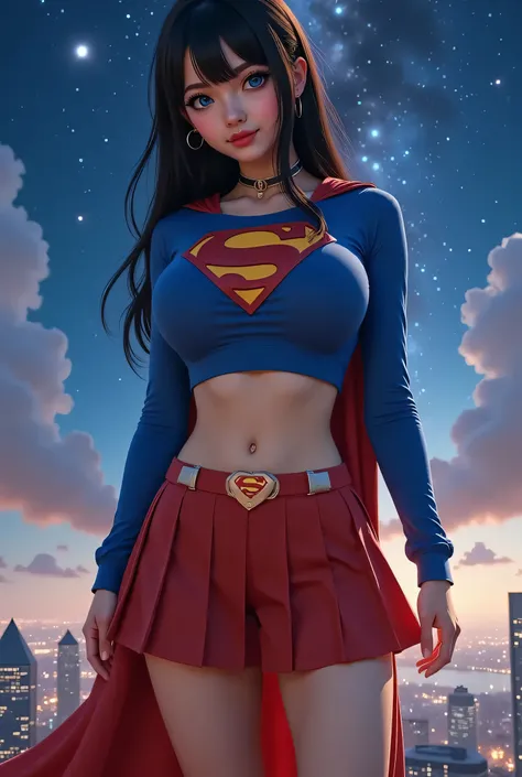 (BLUE EYES:2.3) a beautiful YOUNG girl with long BLACK hair, detailed blue eyes, nose,  red lipstick,WEARING A LONG SLEEVE BLUE SUPERGIRL Latex CROP TOP WITH LONG SLEEVES, RED PLEATED SKIRT WITH A SUPERGIRL BELT, RED CAPE AND RED BOOTS (best quality,4k,8k,...