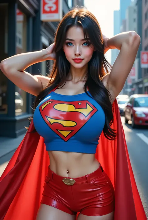 TAKING A FLYING SELFIE. A blue eyed, attractive, photo-realistic young CHINESE/KOREAN woman with blue eyes sensual poses in a classic 1980s-Supergirl costume, rendered in glamorous pin-up fashion. She wears a shiny blue spandex crop top with the vintage re...