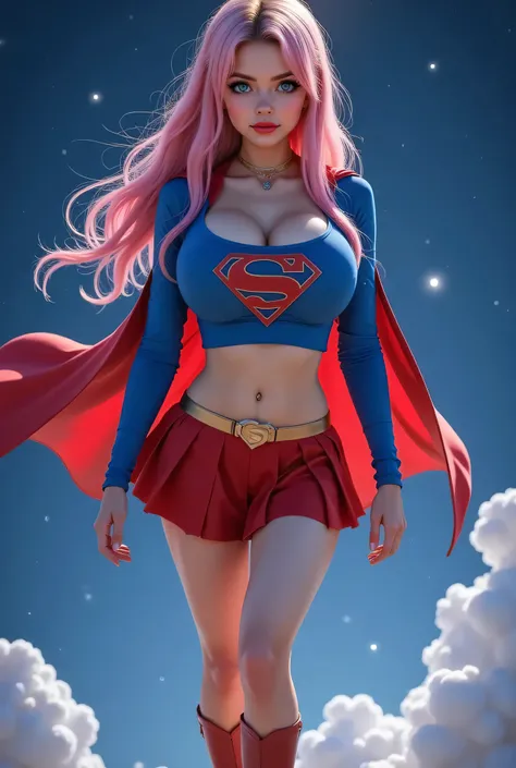 (BLUE EYES:2.3) a beautiful YOUNG girl with long pink hair, detailed blue eyes, nose,  red lipstick,WEARING A LONG SLEEVE BLUE SUPERGIRL Latex CROP TOP WITH LONG SLEEVES, RED PLEATED SKIRT WITH A SUPERGIRL BELT, RED CAPE AND RED BOOTS (best quality,4k,8k,h...