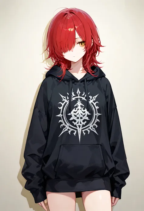 super fine illustration,1girl.(white backgrond),hair over one eye,tachi-e,standing,cowboy shot,hair,black hoodie,red hair,yellow eyes