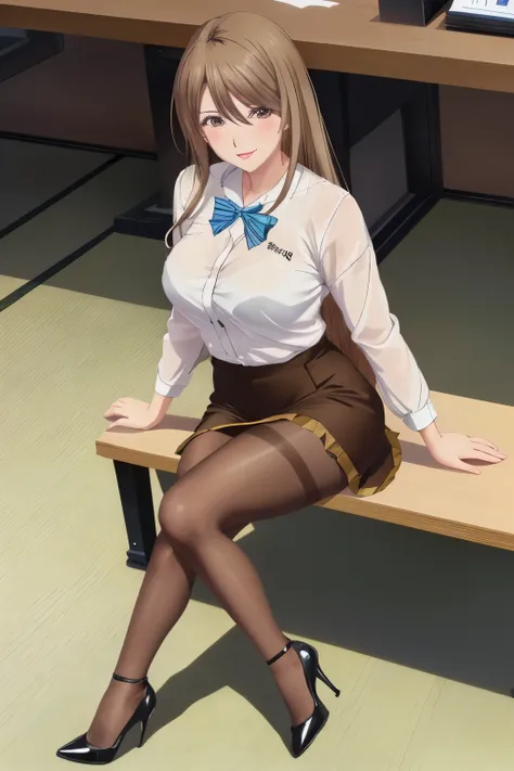 ( photorealism :1.2)、 full body image 、Sexy brown pantyhose, beautiful日本のモデル、39; thick legs、 female 、39; office worker uniform 、 Black High Heels 、smile、 bench、  open your legs slightly 。 super realistic brown pantyhose, perfect two legs sitting apart 、 be...