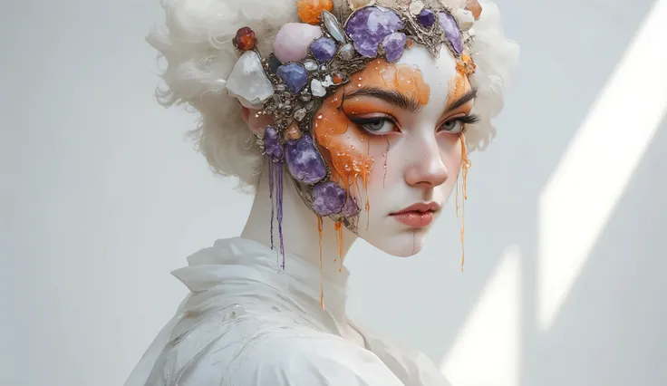 imagine a surreal portrait of a woman whose face is a mosaic of various textures and materials, including amethyst crystals, fiery opals, and flowing orange dye. She stands in a minimalist white room, with a single beam of light illuminating her face. Her ...