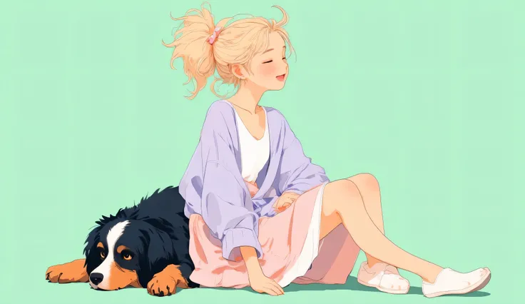 Anime-style illustration, 16:9 wide shot designed for a YouTube end screen. A cheerful 25-year-old blonde woman with a messy bun tied with a soft pink scrunchie sits at the bottom of the frame, smiling brightly with eyes closed and a soft, relaxed expressi...