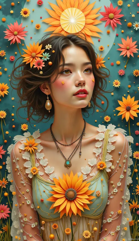 A beautiful woman in a kaleidoscope world, another dimension, a sense of wonder, psychedelic colors, and the best image quality.