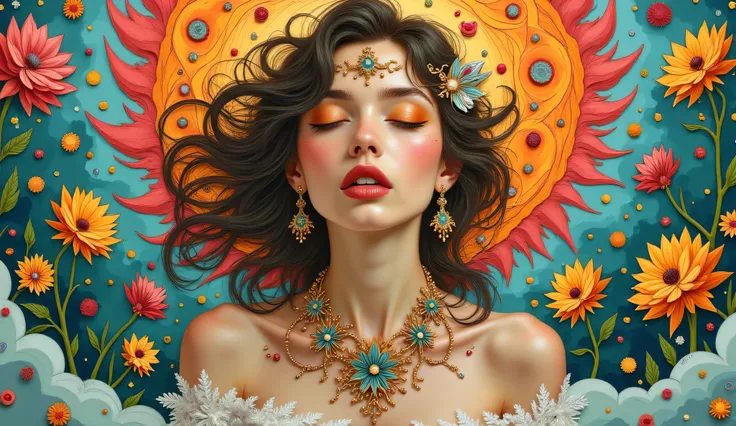 A beautiful woman in a kaleidoscope world, another dimension, a sense of wonder, psychedelic colors, and the best image quality.
