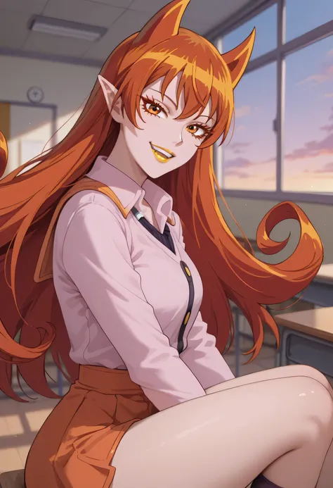 woman, anime style, yellow lipstick, looking at viewer, sitting, classroom, focus on character, white skin, orange eyes, orange hair, orange horns, hair horns, loose hair, side view, long hair, happy, cheerful, fantastic lighting, demon school, demon schoo...