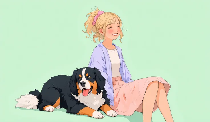 Anime-style illustration, 16:9 wide shot designed for a YouTube end screen. A cheerful 25-year-old blonde woman with a messy bun tied with a soft pink scrunchie sits at the bottom of the frame, smiling brightly with eyes closed and a soft, relaxed expressi...