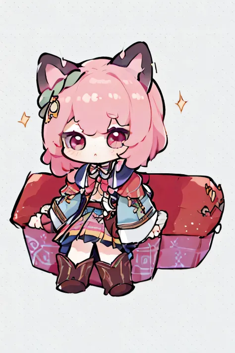 chibi, pastel, cute, shy-grumpy, brown hair, blue shirt, red blouse, pink skirt, cat ears