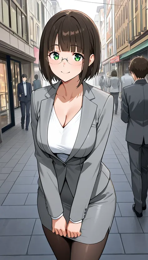 score_9, score_8_up, score_7_up, source_Anime Top Quality、8k、masterpiece、natural light、high accuracy、Perfect Anatomy、One woman、medium chest、saggy breasts:1.3, saggingbreasts:1.5, short hair, dark brown hair, blunt bangs, green eyes, rimless eyewear,( Happy...