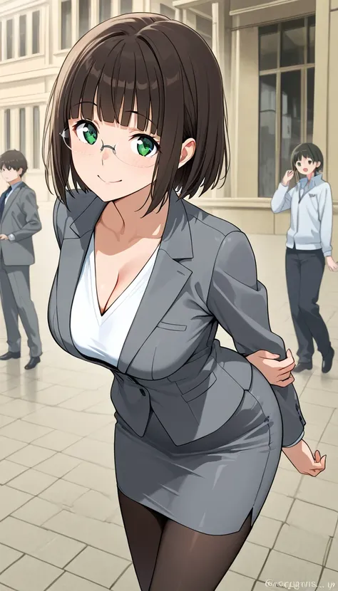 score_9, score_8_up, score_7_up, source_Anime Top Quality、8k、masterpiece、natural light、high accuracy、Perfect Anatomy、One woman、medium chest、saggy breasts:1.3, saggingbreasts:1.5, short hair, dark brown hair, blunt bangs, green eyes, rimless eyewear,( Happy...