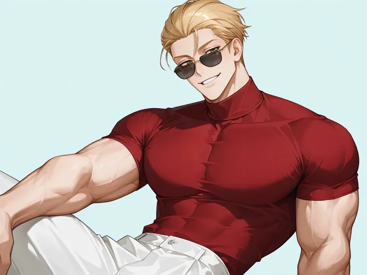 One male , handsome , heavily muscular , bulky body , broad chest , thick arms , short hair , blonde hair , slicked-back hairstyle , keen eyes , green eyes , intense eyes , dark circles under the eyes , sunglasses , playful smile , playful face , red turtl...