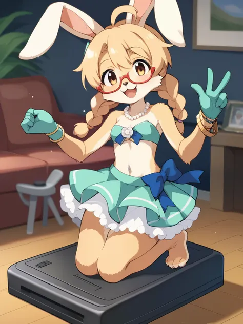 score_9, score_8_up, score_7_up, score_6_up, source_anime, nsfw，1 girl, (furry, kemono:1.2),  with a young rabbit，Petite，skinny，about animal noses, rabbit ears, dress, solo, necklace, gloves, braid, closed_eye, antenna_hair,  jewelry, open_mouth, smile, gl...