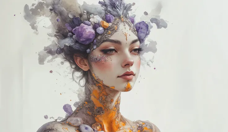 imagine a surreal portrait of a woman whose face is a mosaic of various textures and materials, including amethyst crystals, fiery opals, and flowing orange dye. She stands in a minimalist white room, with a single beam of light illuminating her face. Her ...