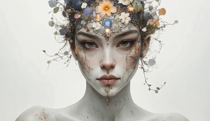 imagine a surreal portrait of a woman whose face is a mosaic of various textures and materials, including flowers, fiery opals, and leafs and branchs. She stands in a minimalist white room, with a single beam of light illuminating her face. Her expression ...