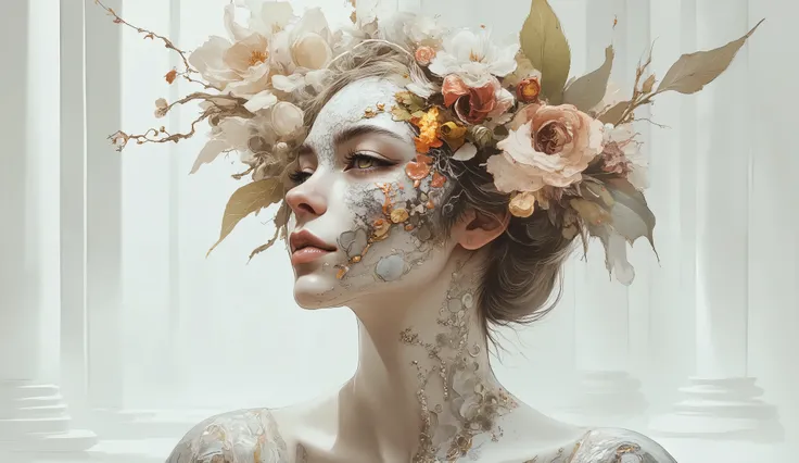 imagine a surreal portrait of a woman whose face is a mosaic of various textures and materials, including flowers, fiery opals, and leafs and branchs. She stands in a minimalist white room, with a single beam of light illuminating her face. Her expression ...