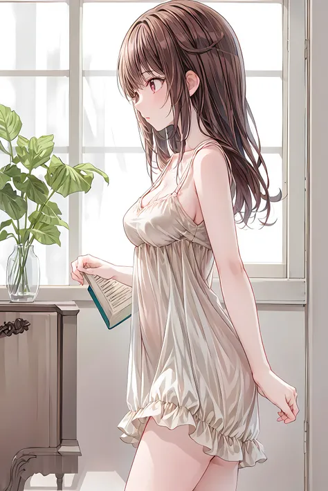 How a girl sits, buffer overflow written , watch, Full Hand, 余分な手feetなし, small breasts,reference5books,arm2books,feet2books,Beautiful nose bridge, fine skin、 smooth、 perfect beauty 、 small breasts、 すらりとしたfeet、slender, natural posture ,Long rich brown h...