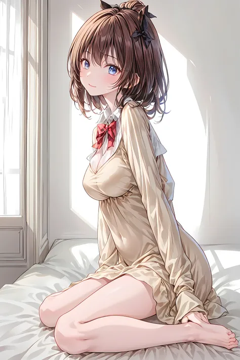 How a girl sits, buffer overflow written , watch, Full Hand, 余分な手feetなし, small breasts,reference5books,arm2books,feet2books,Beautiful nose bridge, fine skin、 smooth、 perfect beauty 、 small breasts、 すらりとしたfeet、slender, natural posture ,Long rich brown h...