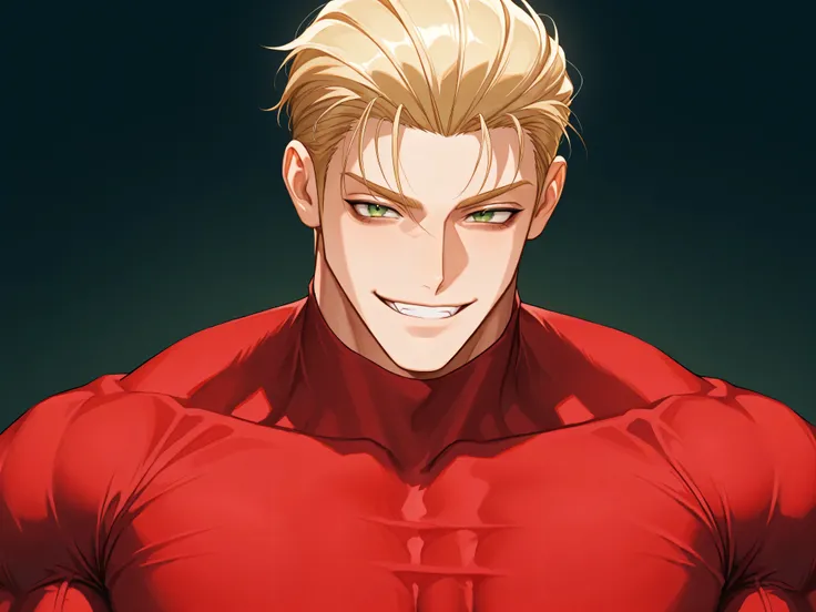 One male , handsome , heavily muscular , bulky body , broad chest , thick arms , short hair , blonde hair , slicked-back hairstyle , keen eyes , green eyes , dark circles under the eyes , playful smile , playful face , red turtleneck shirt , simple backgr...