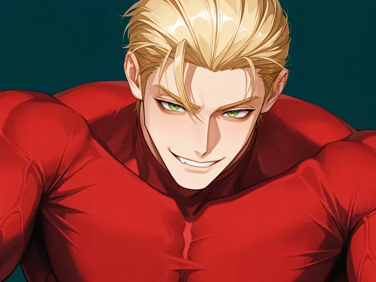 One male , handsome , heavily muscular , bulky body , broad chest , thick arms , short hair , blonde hair , slicked-back hairstyle , keen eyes , green eyes , dark circles under the eyes , playful smile , playful face , red turtleneck shirt , simple backgr...