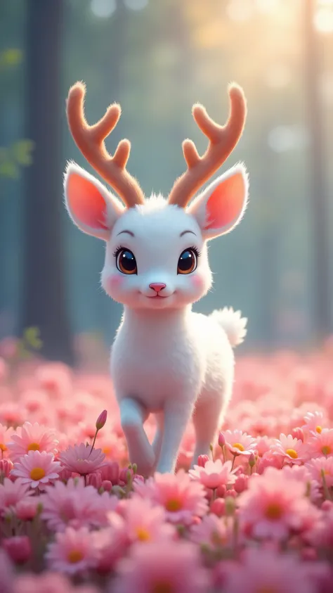 tamago cloth 、Creature Photos、Beautiful white deer、magicのファンタジーの森、Digital Art、the most amazing artwork in the world、((non-human))、Forest flower field 、soft and balanced pink、Forest Scenery、Seven color flower 々、Ultra High Definition、8k octane rendering、mag...