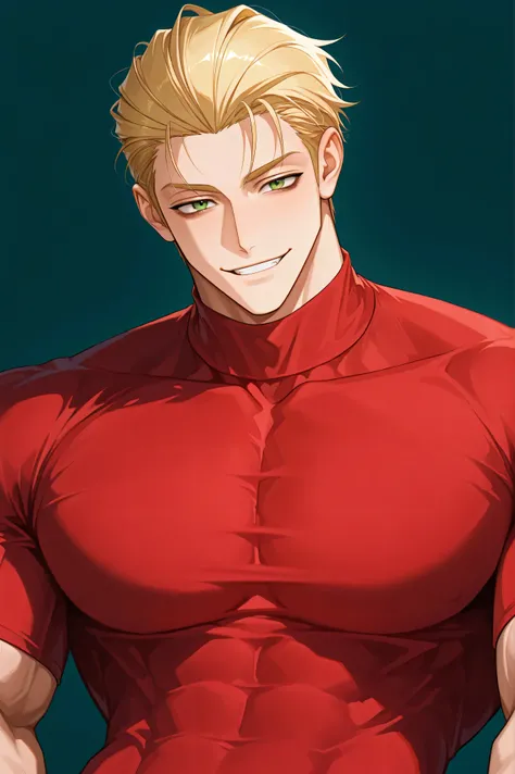 One male , handsome , heavily muscular , bulky body , broad chest , thick arms , short hair , blonde hair , slicked-back hairstyle , keen eyes , green eyes , dark circles under the eyes , playful smile , playful face , red turtleneck shirt , simple backgr...