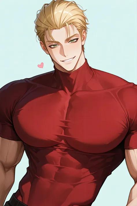One male , handsome , heavily muscular , bulky body , broad chest , thick arms , short hair , blonde hair , slicked-back hairstyle , keen eyes , green eyes , dark circles under the eyes , playful smile , playful face , red turtleneck shirt , simple backgr...