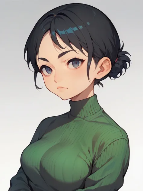 score_9, score_8_ up, score_7_ up, score_6_ up, score_5_ up, anime,nsfw, uncensored ,( chibi:1.5), , score_9, score_7_up, 1 girl, solo, black hair, ribbed sweater, gradient background, gray background, portrait, stares at viewers, Tang Yu
