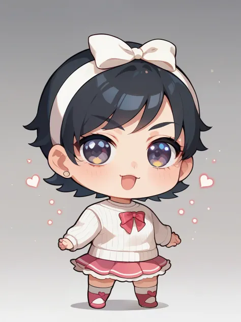 score_9, score_8_ up, score_7_ up, score_6_ up, score_5_ up, anime,nsfw, uncensored ,( chibi:1.5),1 girl, solo, black hair, ribbed sweater, gradient background, gray background, portrait, stares at viewers, Tang Yu,Heart Particles,depth of field,Pretty Cur...