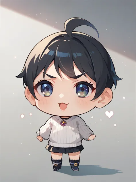 score_9, score_8_ up, score_7_ up, score_6_ up, score_5_ up, anime,nsfw, uncensored ,( chibi:1.5),1 girl, solo, black hair, ribbed sweater, gradient background, gray background, portrait, stares at viewers, Tang Yu,Heart Particles,depth of field,Pretty Cur...